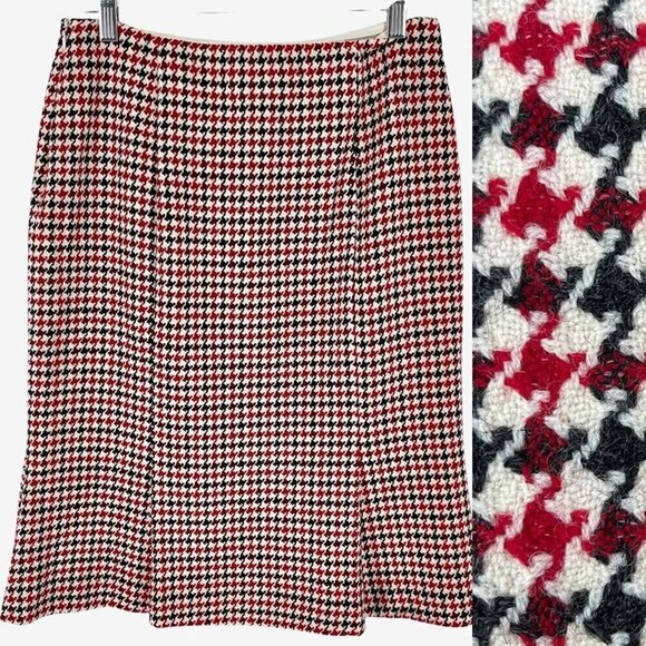 Talbots Vintage Black Red Houndstooth Pleated Hem Italian Stretch Wool Skirt 8 - Picture 1 of 10